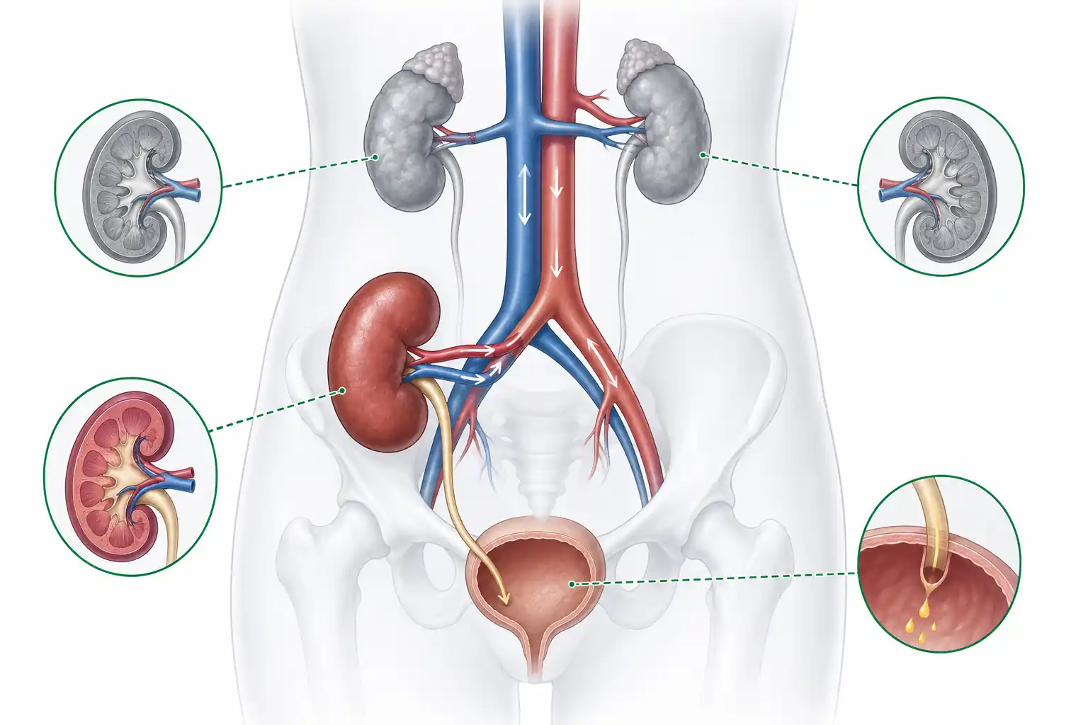 Kidney transplant cost in India — diagram of donor kidney connected to blood vessels and bladder